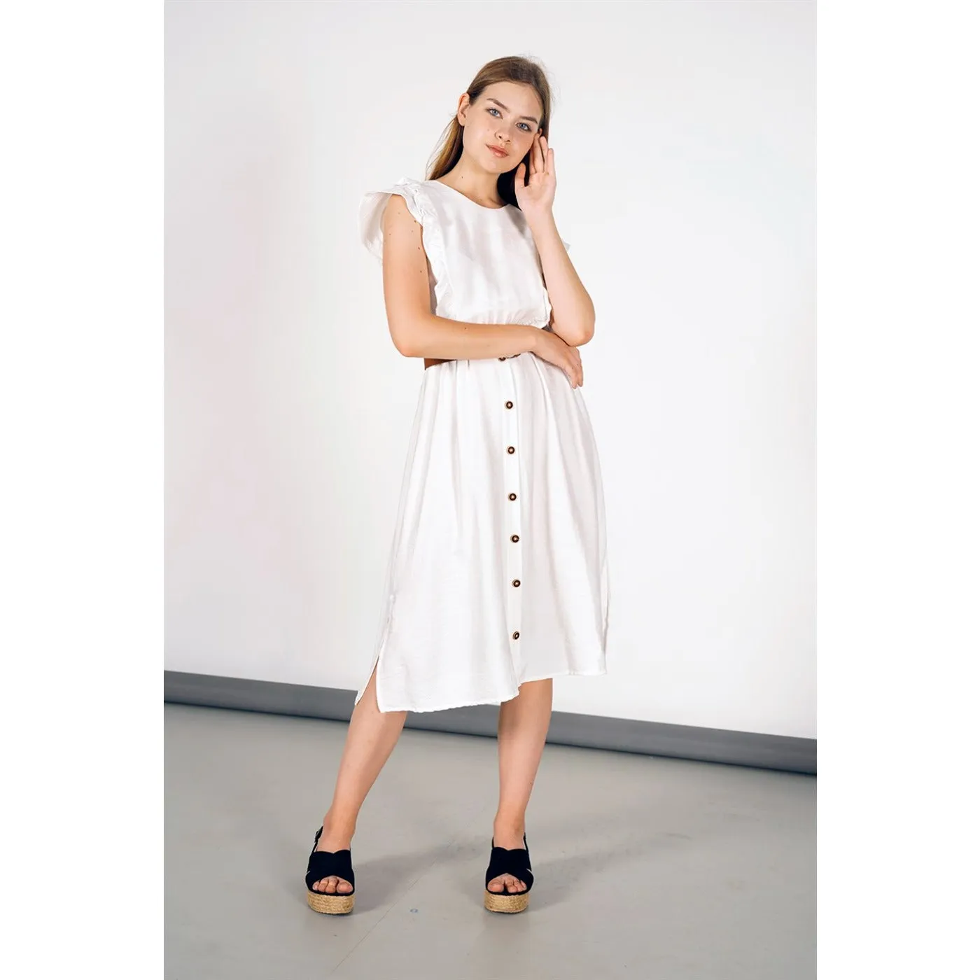 White Belted Frill Dress