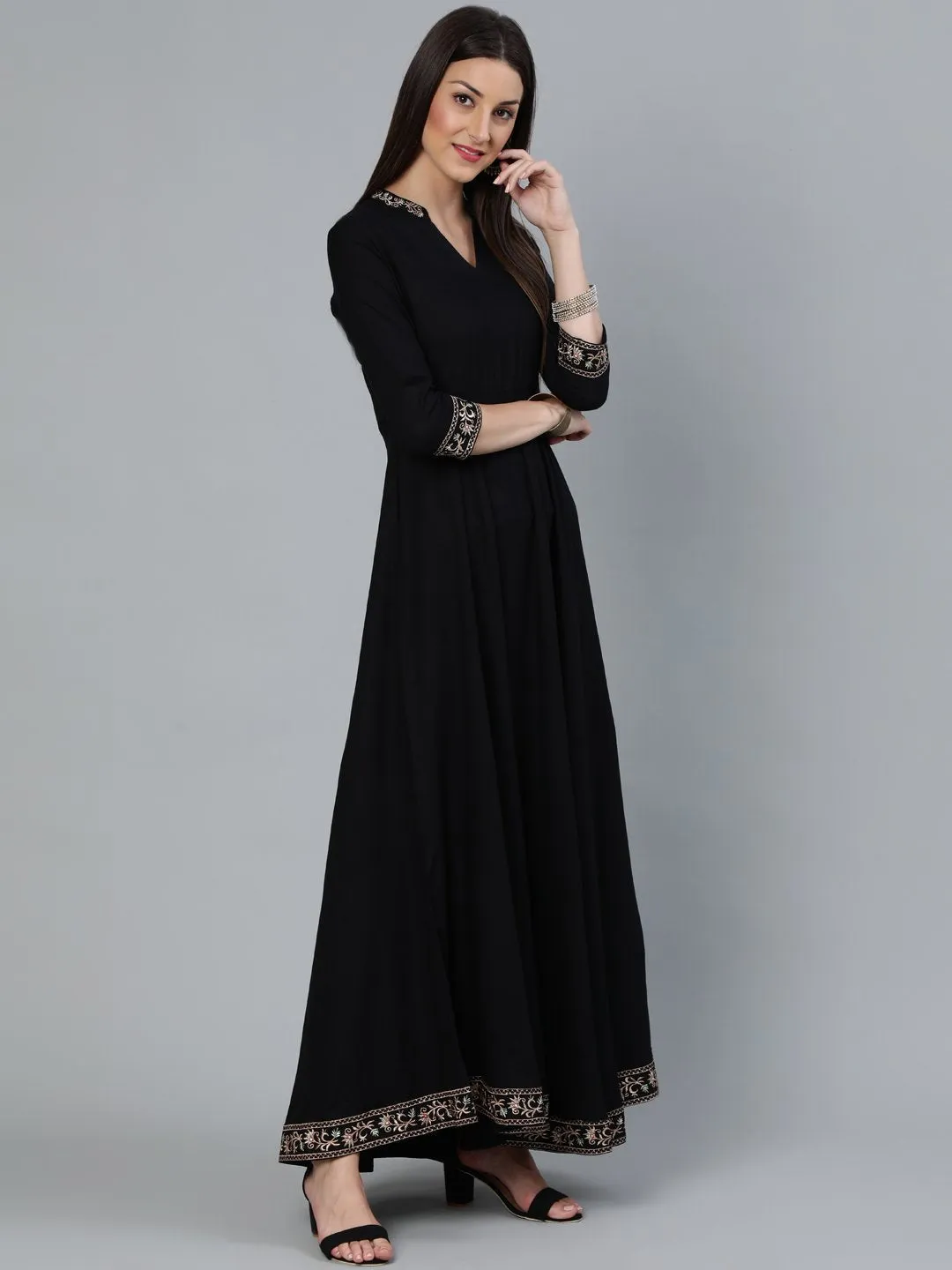 Women Black Flared Embroidered Dress With Sequinned Dupatta