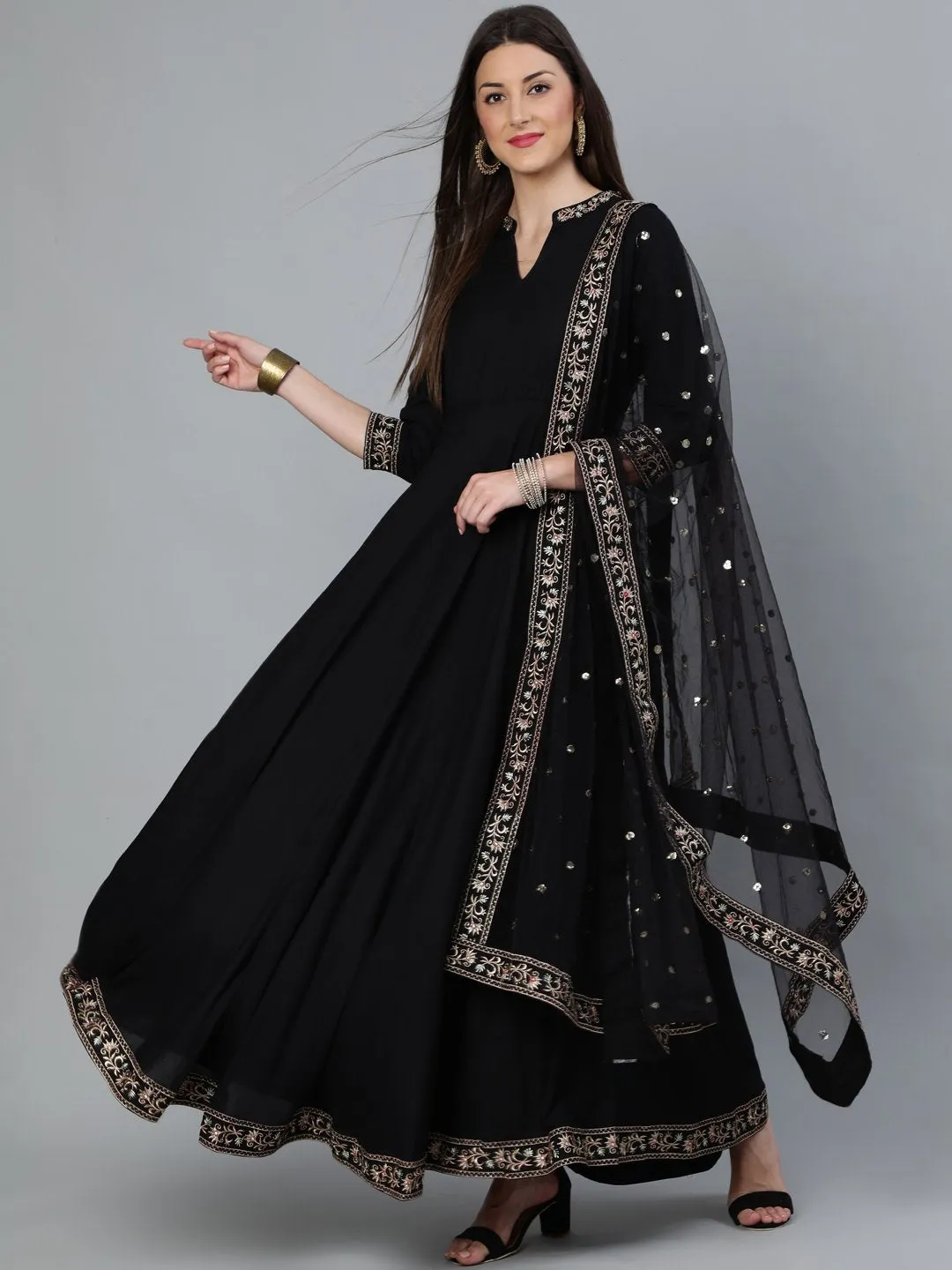 Women Black Flared Embroidered Dress With Sequinned Dupatta