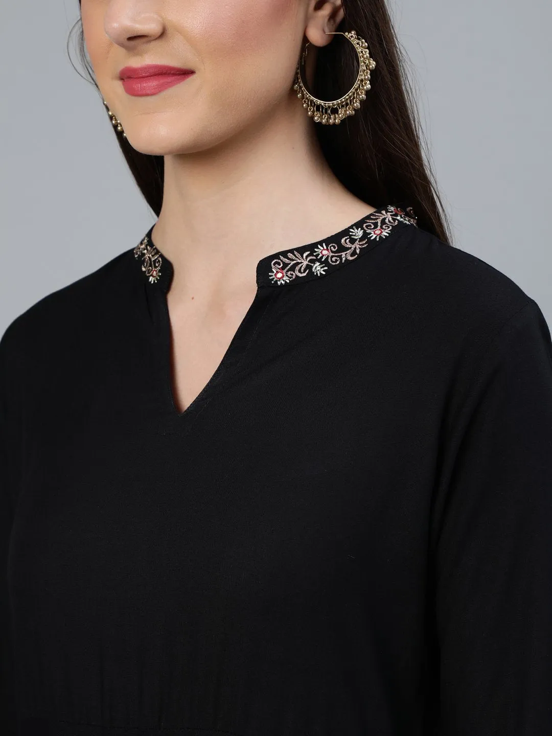 Women Black Flared Embroidered Dress With Sequinned Dupatta