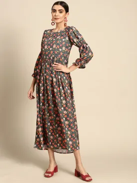 Women Black Floral Printed Dress With Three Quarter Sleeves