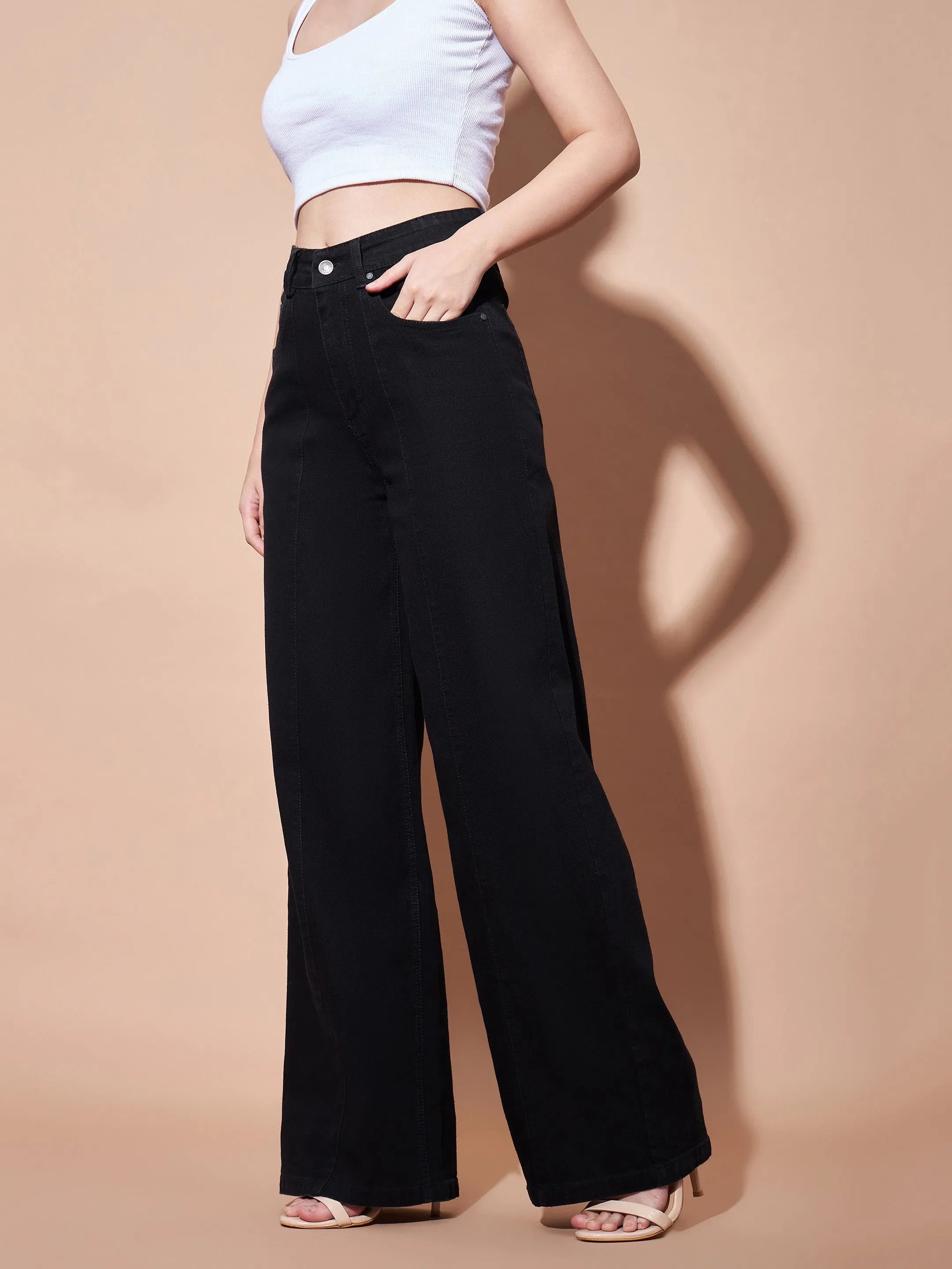 Women Black High Waist Seam Detail Straight Jeans