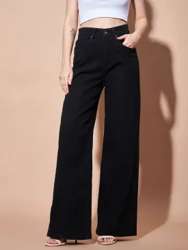 Women Black High Waist Seam Detail Straight Jeans