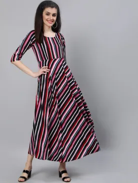 Women Black Striped Dress With Three Quarter Sleeves