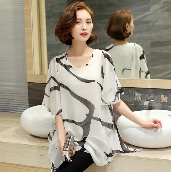 Women Blouses 2017 Casual Summer Korean Loose Elegant Chiffon Blouse Short Sleeve Plus Size Women Clothing White Women Shirt