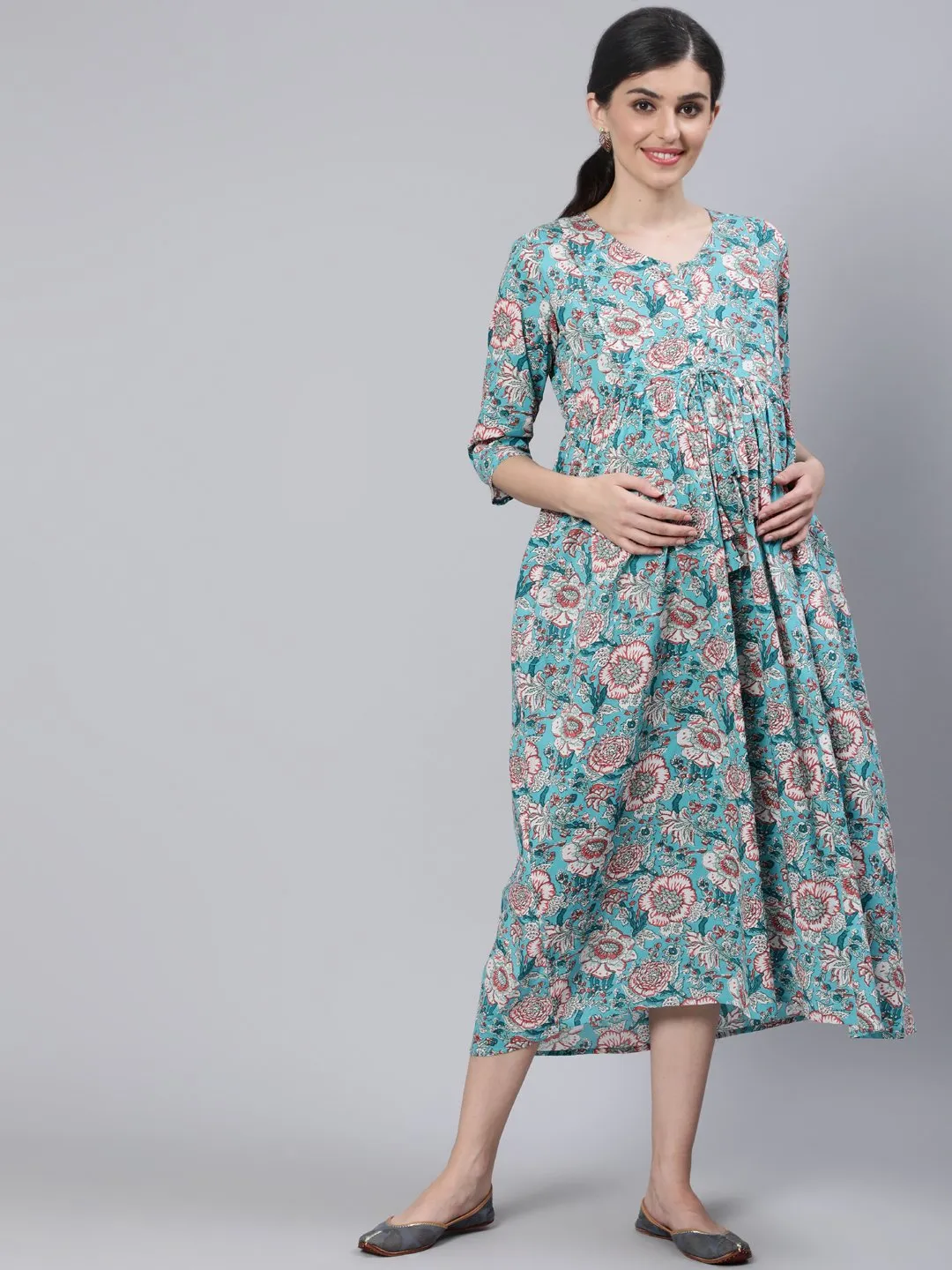 Women Blue Floral Printed Maternity Dress With Three Quarter Sleeves