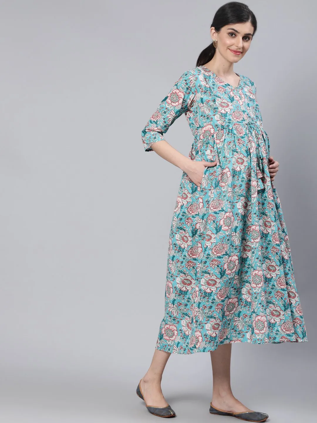 Women Blue Floral Printed Maternity Dress With Three Quarter Sleeves