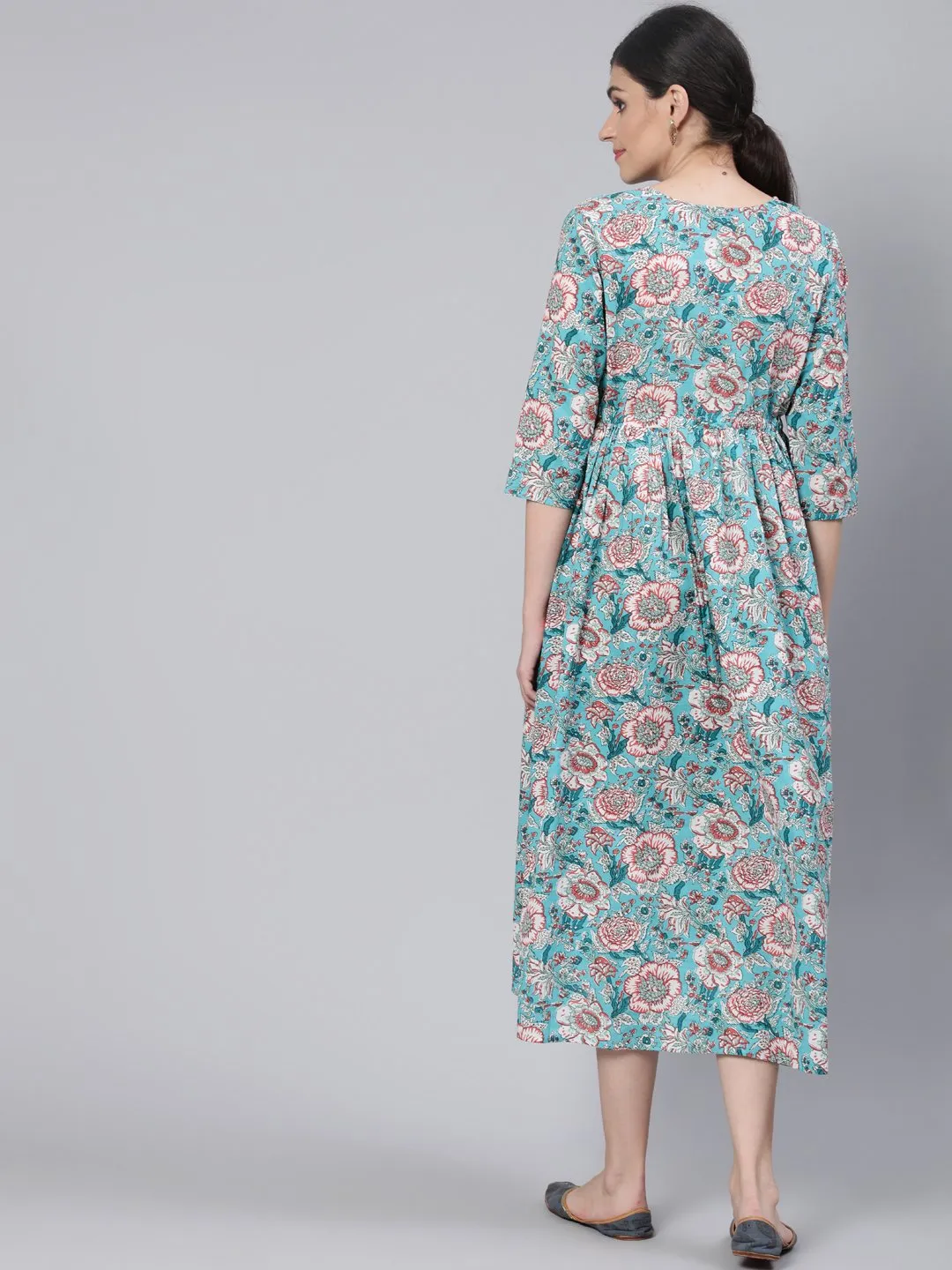 Women Blue Floral Printed Maternity Dress With Three Quarter Sleeves