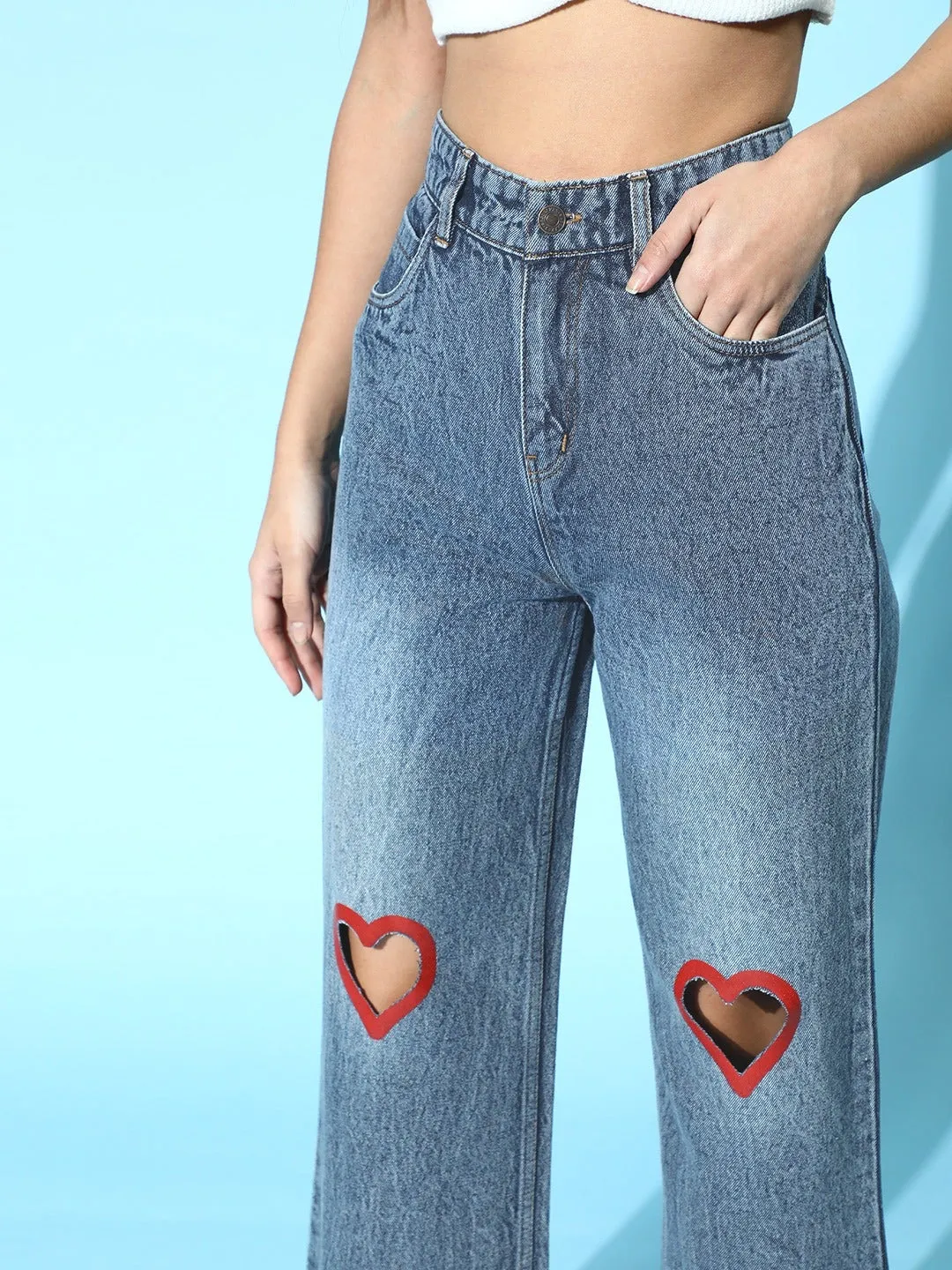 Women Blue Heart Cut Out Straight Jeans