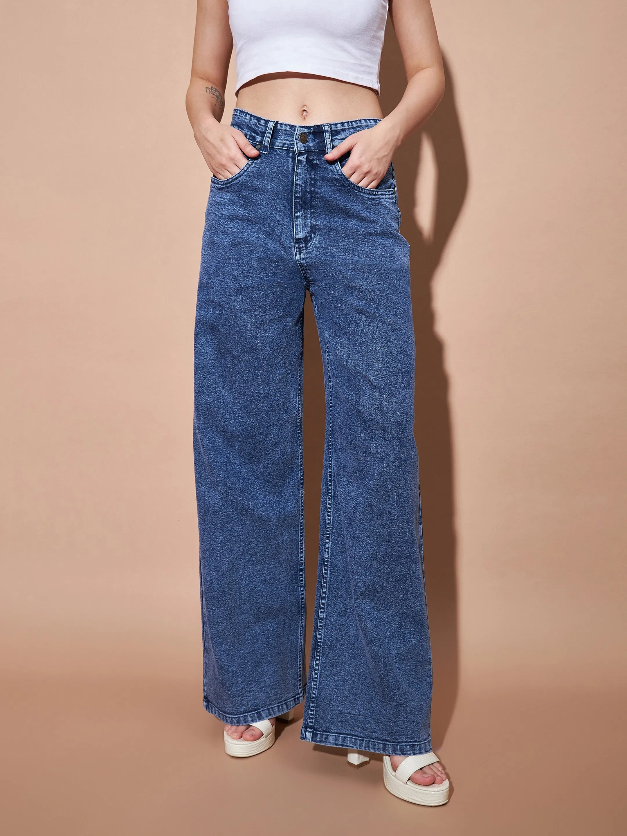 Women Blue High Waist Straight Jeans