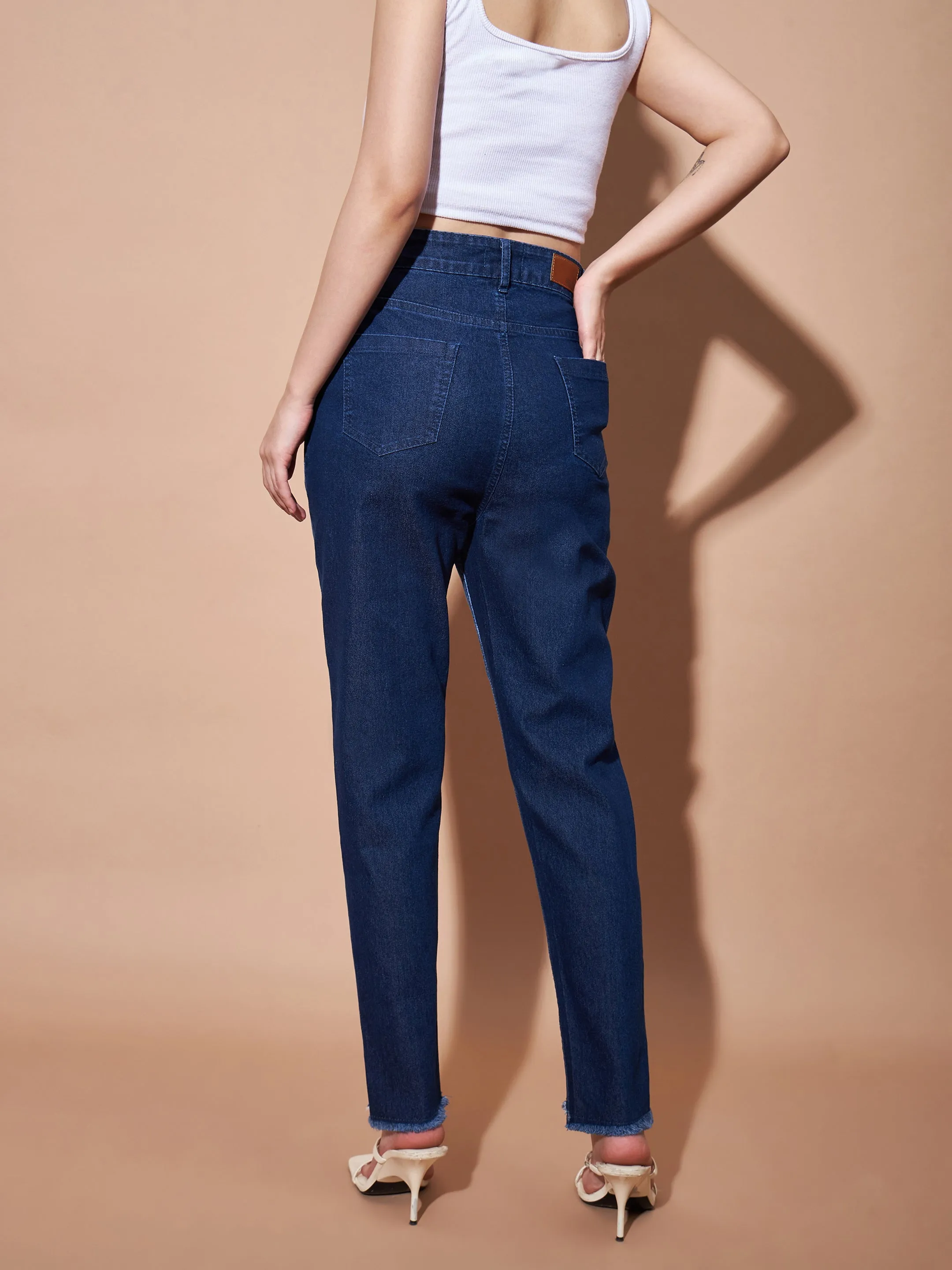 Women Blue High Waisted Slim Fit Frayed Jeans