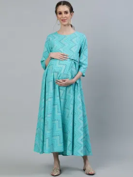 Women Blue Printed Maternity Dress With Three Quarter Sleeves