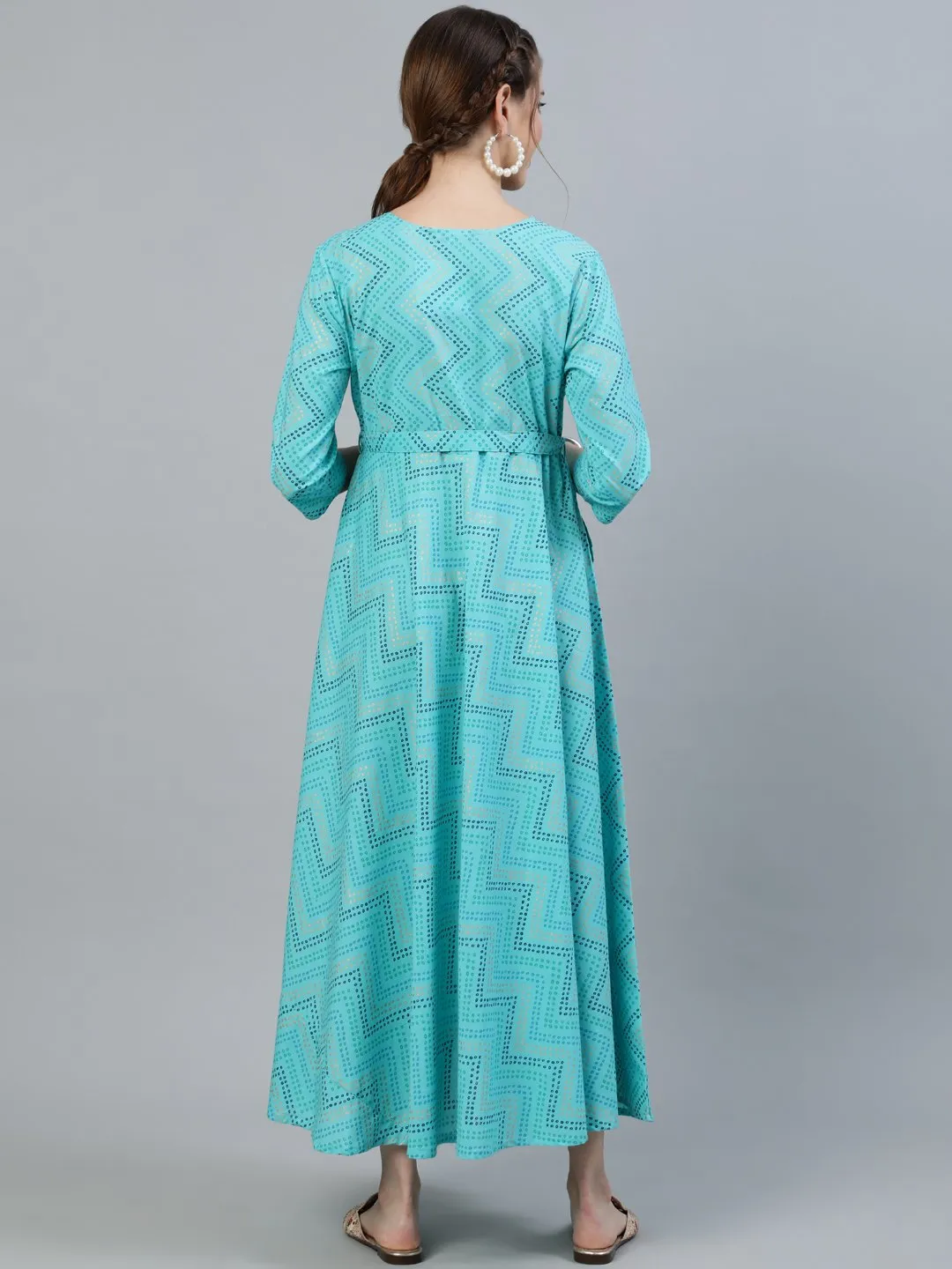 Women Blue Printed Maternity Dress With Three Quarter Sleeves