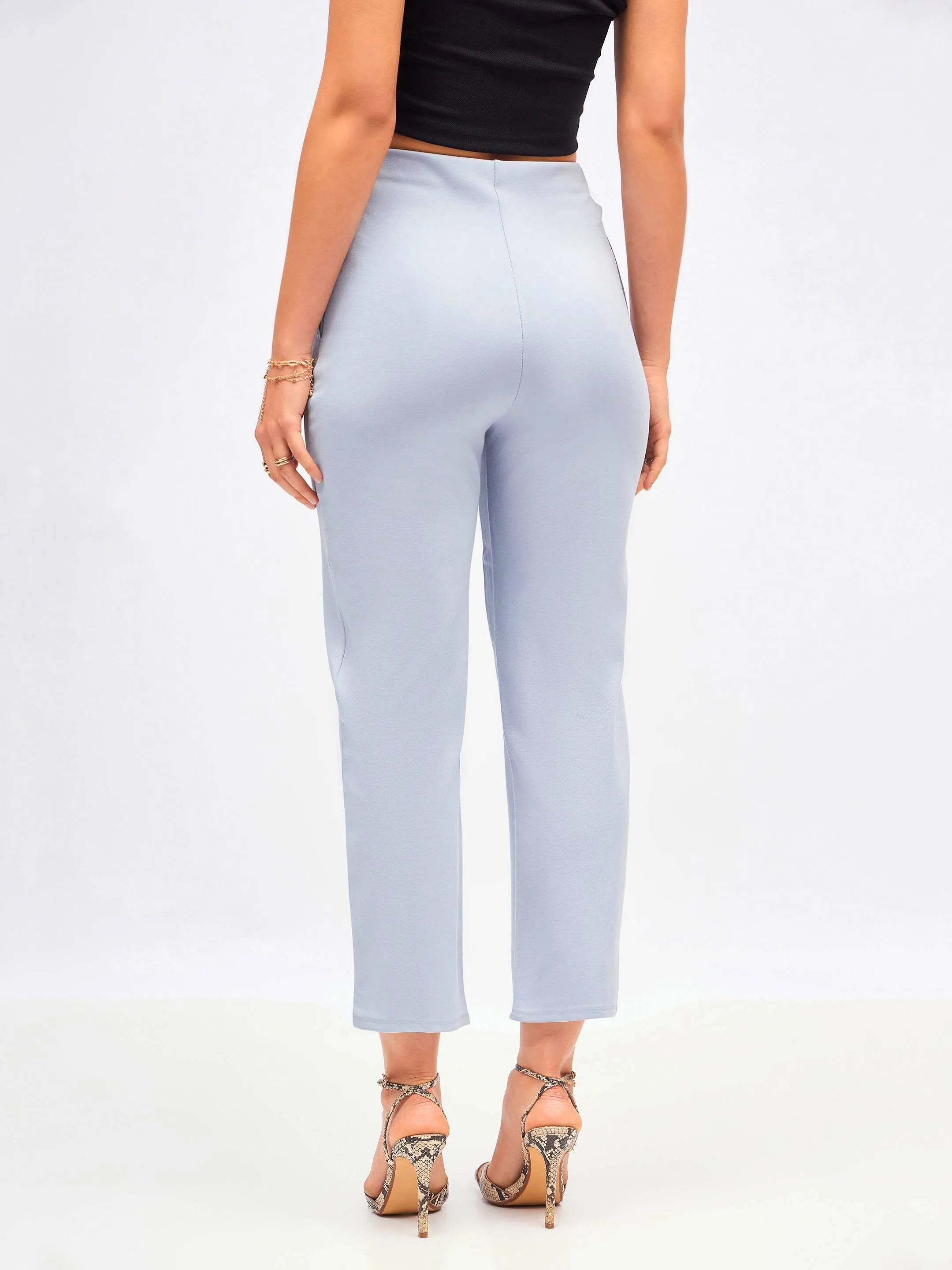 Women Dull Blue Front Darted High Waisted Pants