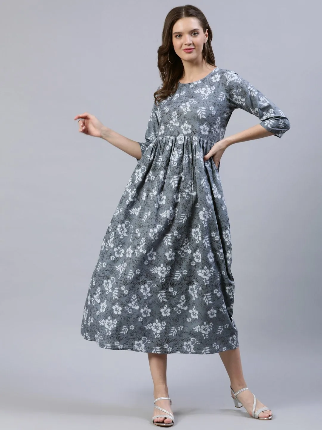 Women Grey Floral Printed Dress With Three Quarter Sleeves