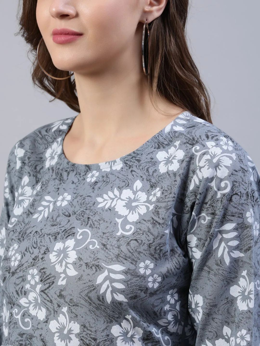 Women Grey Floral Printed Dress With Three Quarter Sleeves