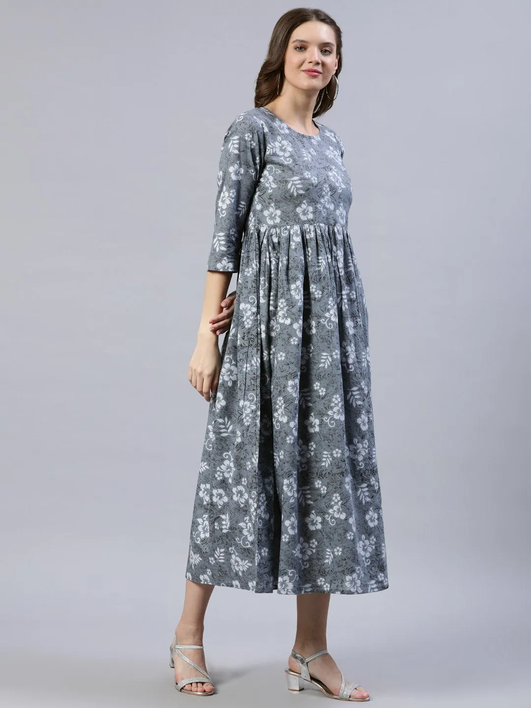 Women Grey Floral Printed Dress With Three Quarter Sleeves