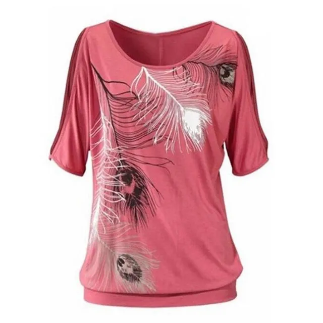 Women Summer T shirt Casual Tops Short Sleeve T-shirts Feather Printed Off Shoulder Shirts O-Neck Loose Tops Blusas Femininas