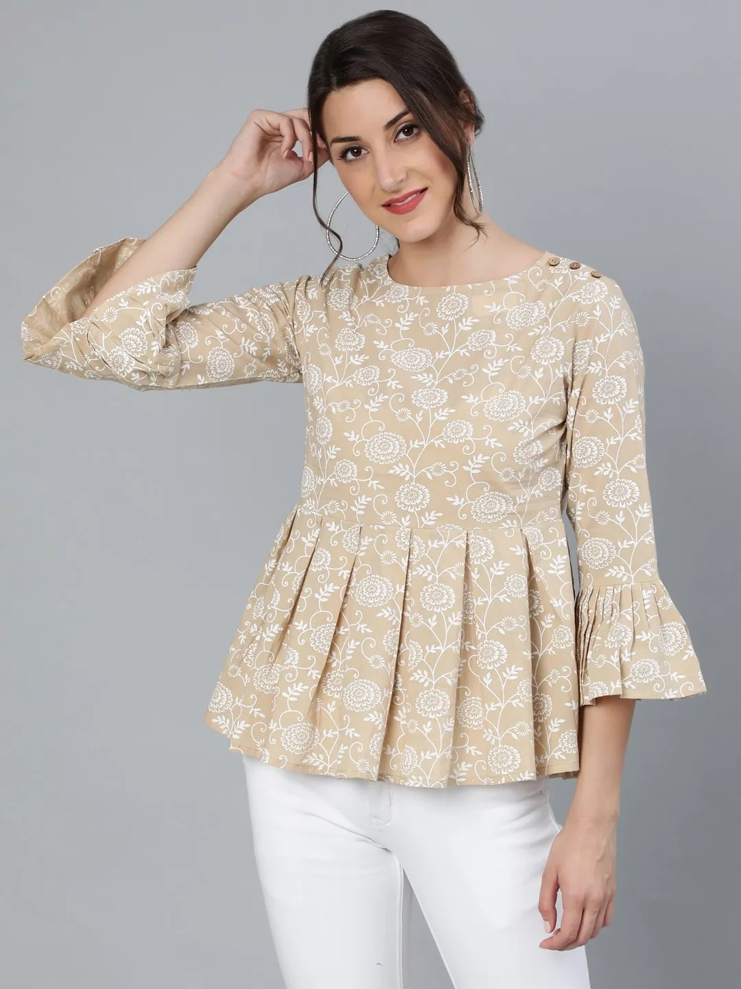 Womenbeige & Off-White Floral Printed Top With Round Neck & Three Quarter Sleeves