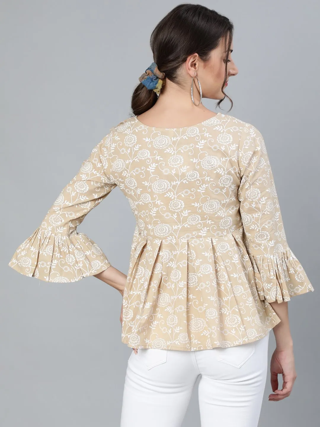 Womenbeige & Off-White Floral Printed Top With Round Neck & Three Quarter Sleeves