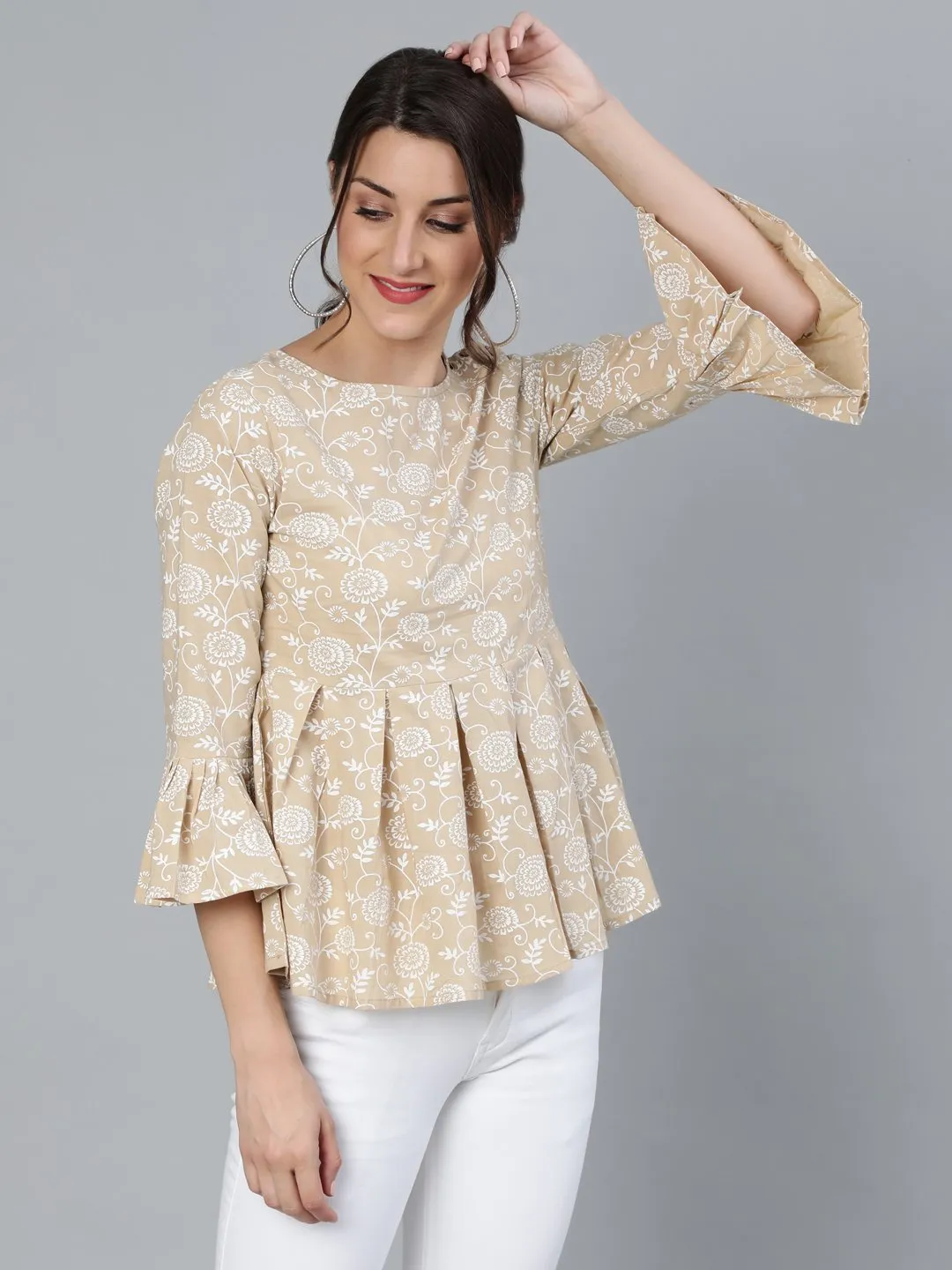 Womenbeige & Off-White Floral Printed Top With Round Neck & Three Quarter Sleeves