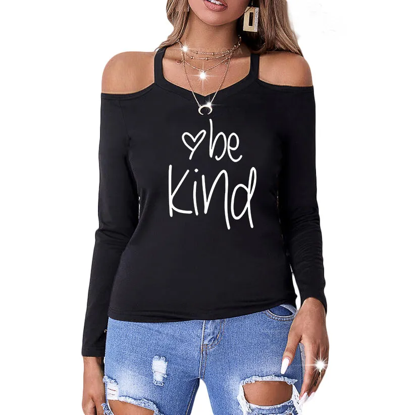 women's clothing, kind letter printed off shoulder long sleeve casual top