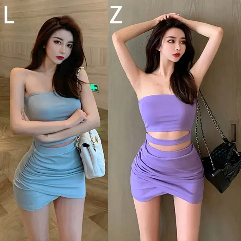 Women's sexy strapless short top high waisted skirt set