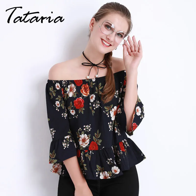 Women's Summer Blouses Off shoulder Tops Female White Chiffon Body Femme Ruffle Blouse And Shirts Floral For Women Tataria