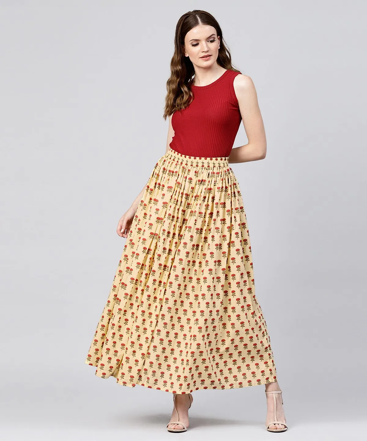 Yellow Printed Cotton Ankle Length Flared Skirt