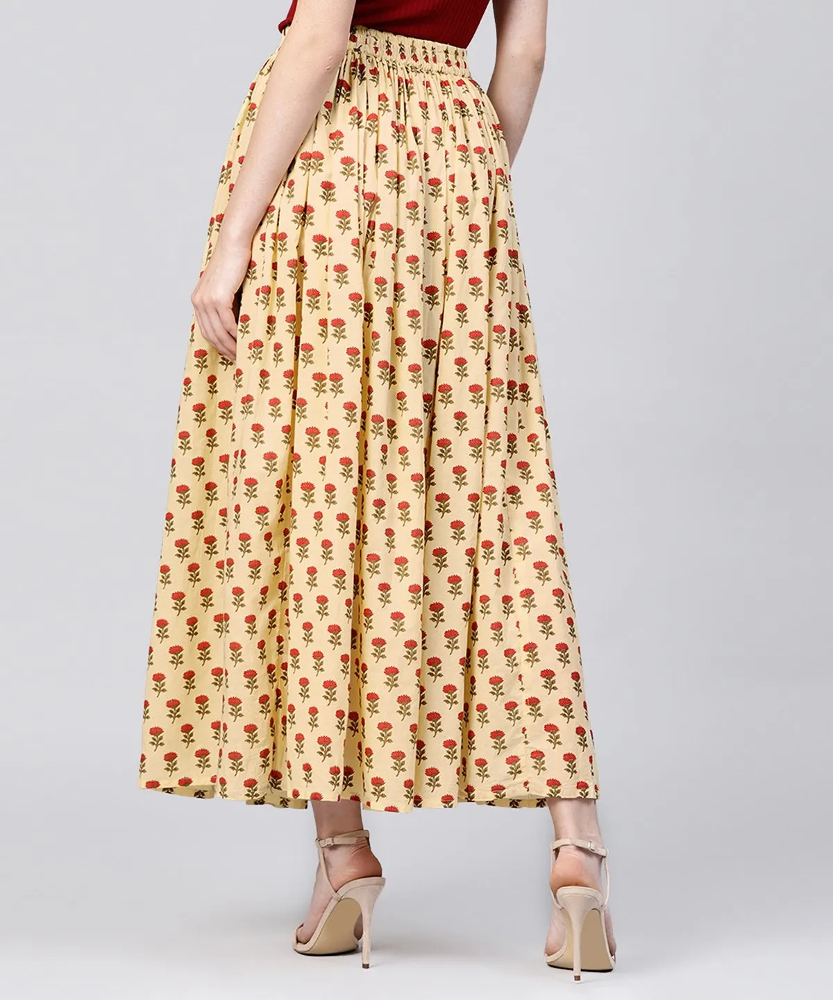 Yellow Printed Cotton Ankle Length Flared Skirt