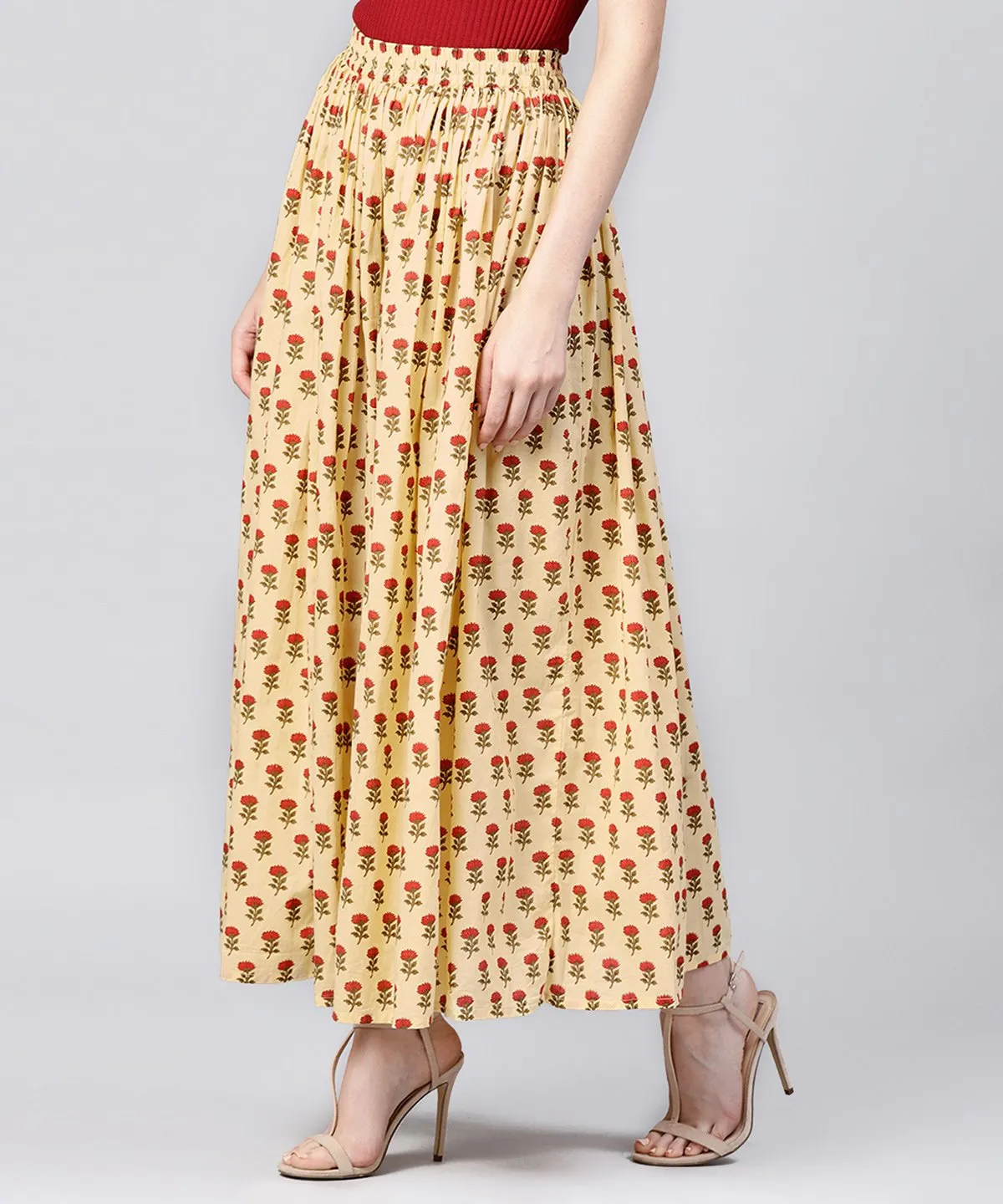 Yellow Printed Cotton Ankle Length Flared Skirt