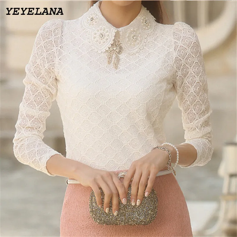 YEYELANA Women Lace Blouses 2017 Spring Summer New Elegant Femininas Long Sleeve chiffon Blouse Korean Style Women Shirt A001