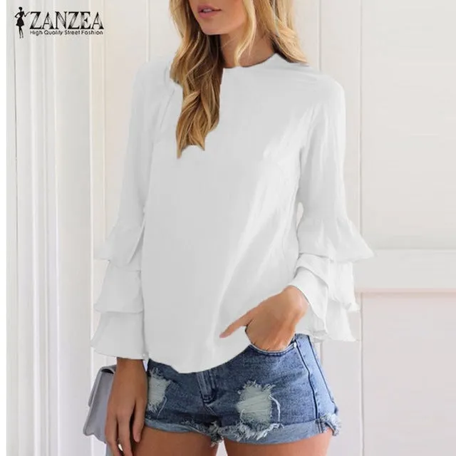 ZANZEA Women Blouses Shirts 2017 Autumn Elegant Ladies O-Neck Flounce Long Sleeve Solid Blusas Casual Loose Tops