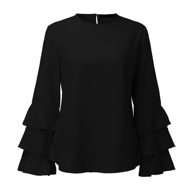 ZANZEA Women Blouses Shirts 2017 Autumn Elegant Ladies O-Neck Flounce Long Sleeve Solid Blusas Casual Loose Tops