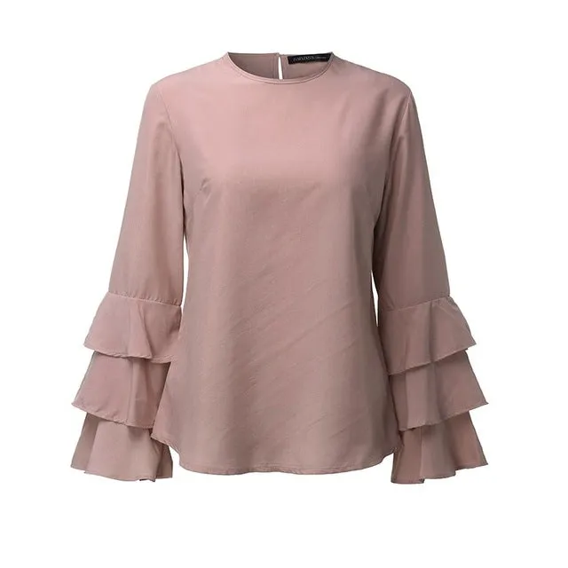 ZANZEA Women Blouses Shirts 2017 Autumn Elegant Ladies O-Neck Flounce Long Sleeve Solid Blusas Casual Loose Tops